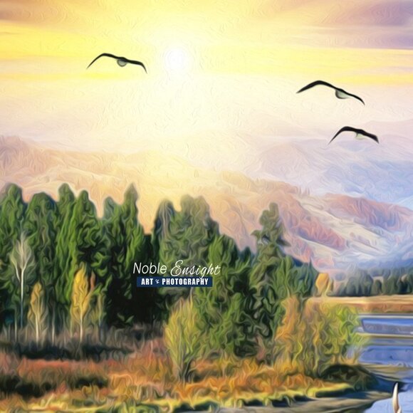 8x8 Landscape Elk Sunset Floral Wall Art Watercolor Oil Painting Art Print - Picture 6 of 7